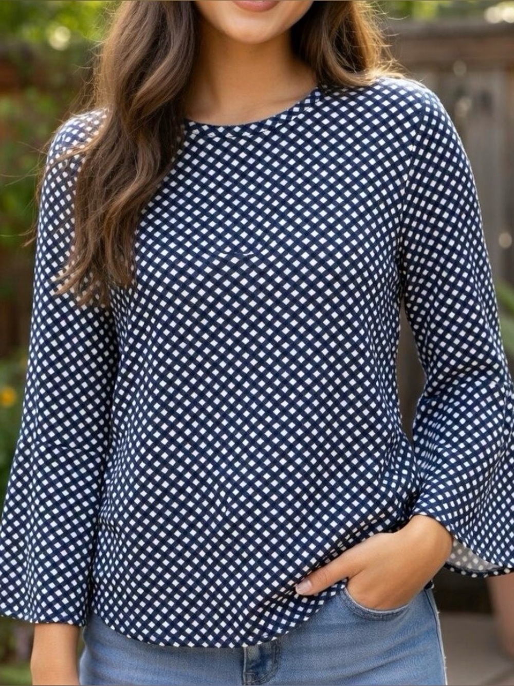J.McLaughlin Navy Gingham 3/4 Bell Sleeve Women's Top Size Small